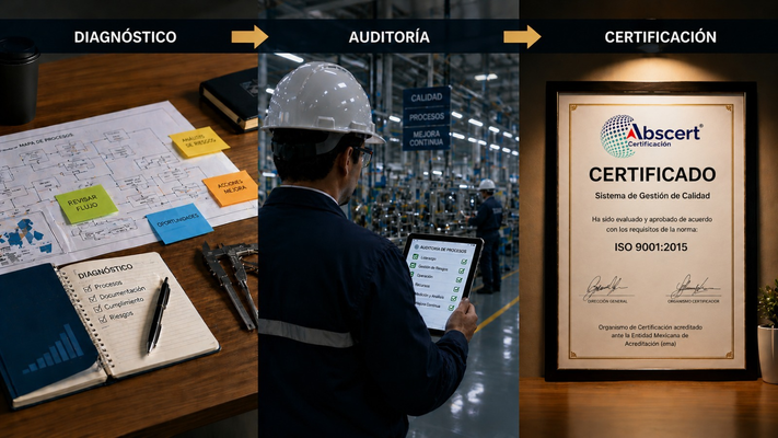 Imágen que muestra un escritorio con placa de plata que acredita la certificación ISO 9001