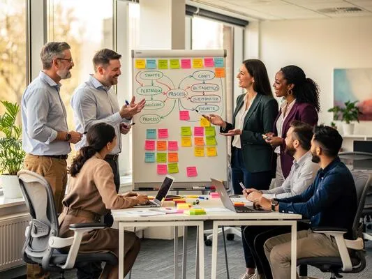 Equipo de trabajo revisando un mapa de procesos con diagramas organizacionales