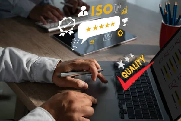 Equipo de profesionales reunido en una oficina para revisar procesos de calidad durante cómo se certifica una empresa en ISO 9001.
